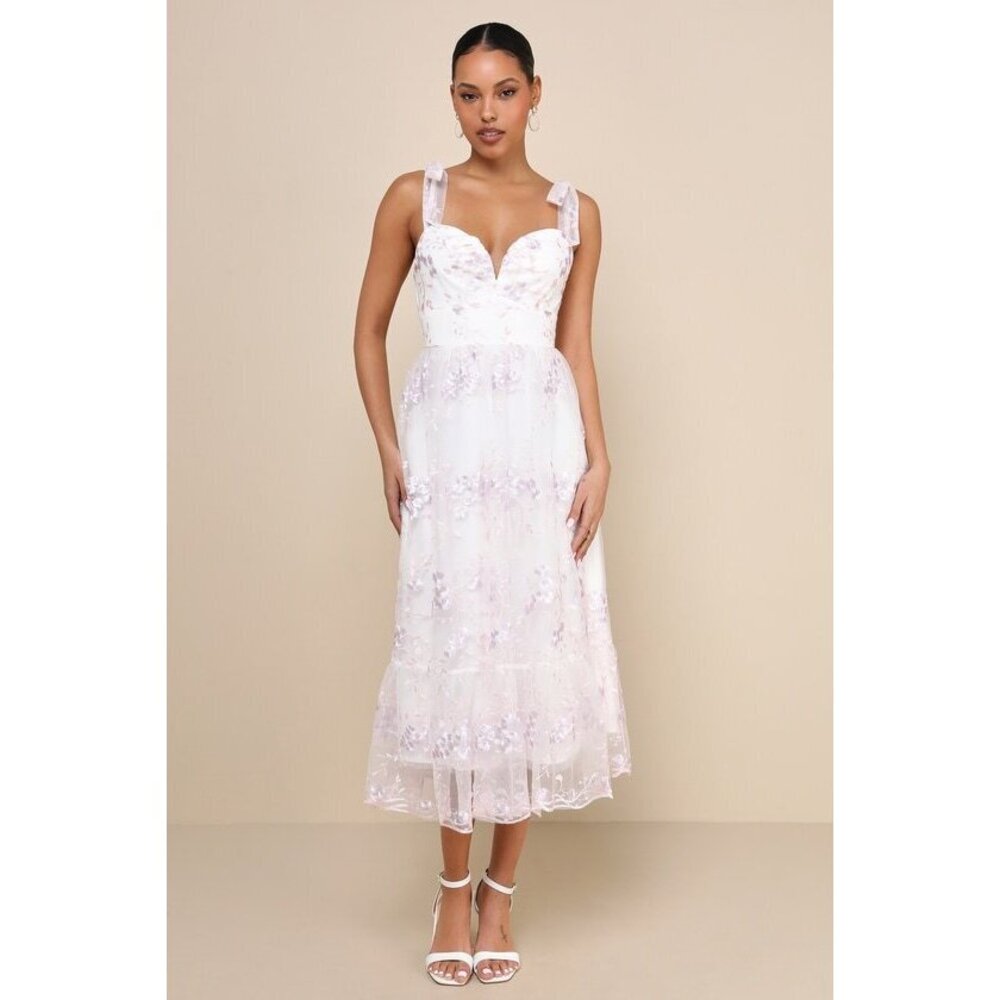Lulus Distinctly Sweet White Floral Embroidered Tie-strap Midi Dress - Size M